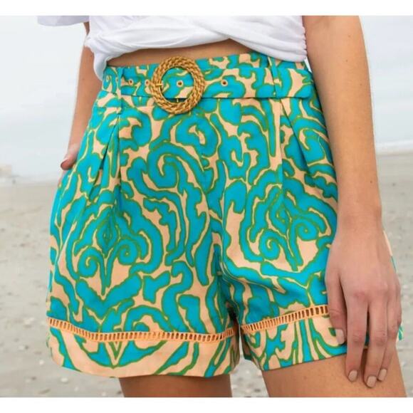 Anna Cate Lizzie Short Teal Peach Block Print Belted Cotton Summer Women's Small - Picture 1 of 14